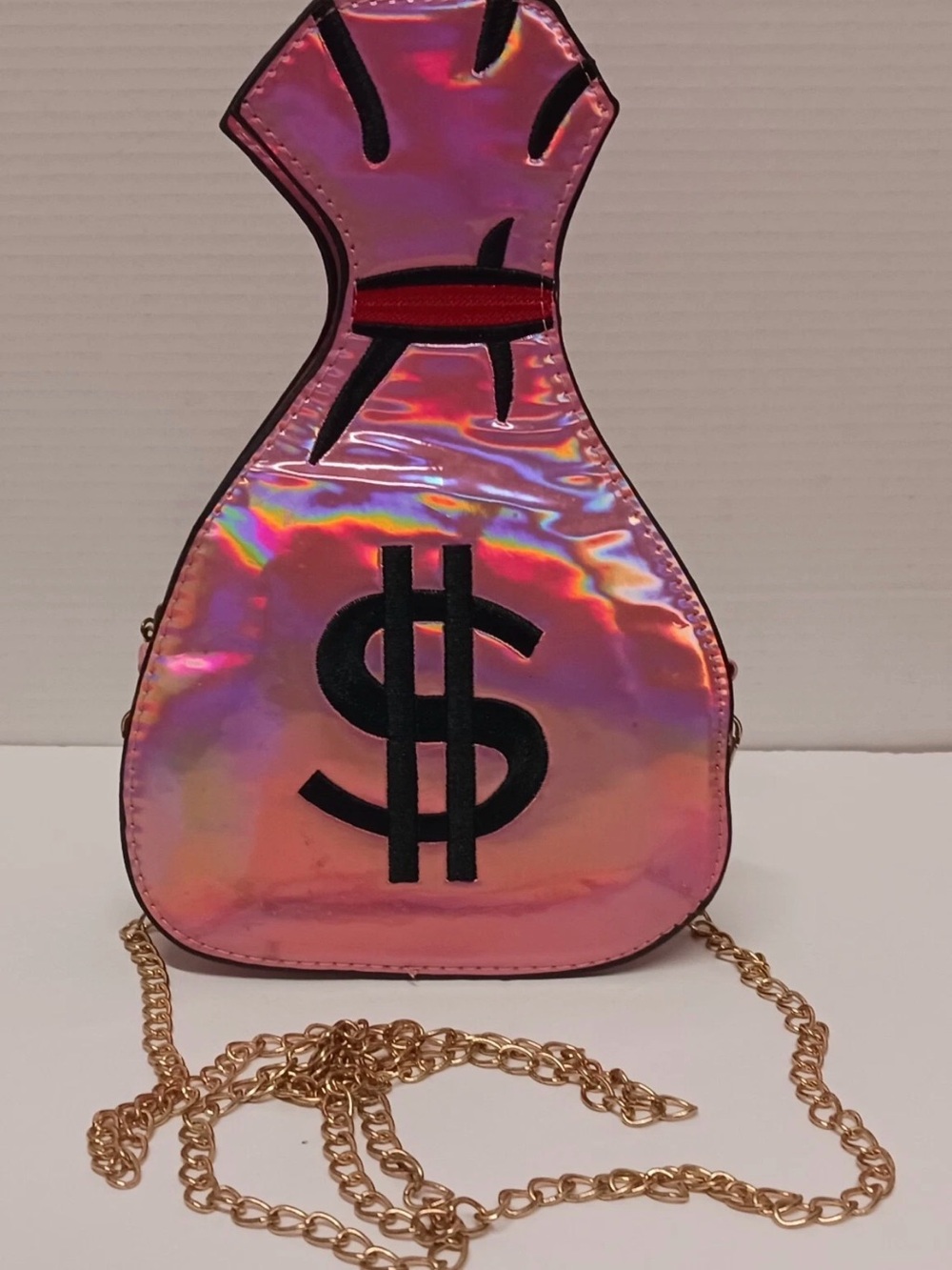 Holographic Pink Dollar Sign Crossbody Bag with Gold Chain